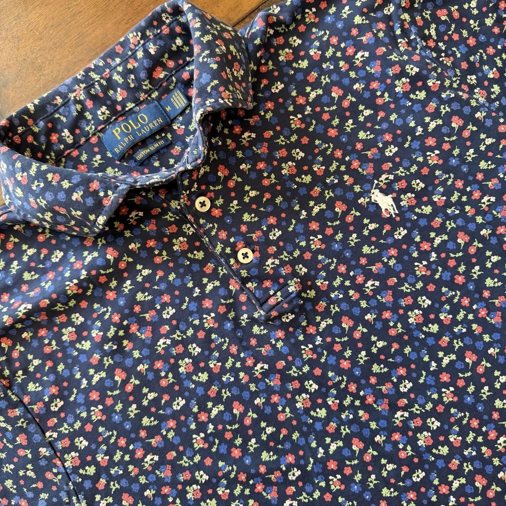 Polo Ralph Lauren Polo Shirt Mens Medium Navy Floral Cotton Custom Slim Fit